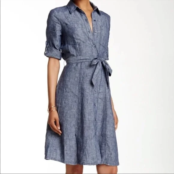 Max Studio | Dresses | Euc Max Studio Chambray Belted 34 Tab Sleeve  Buttondown Linenblend Midi Dress | Poshmark